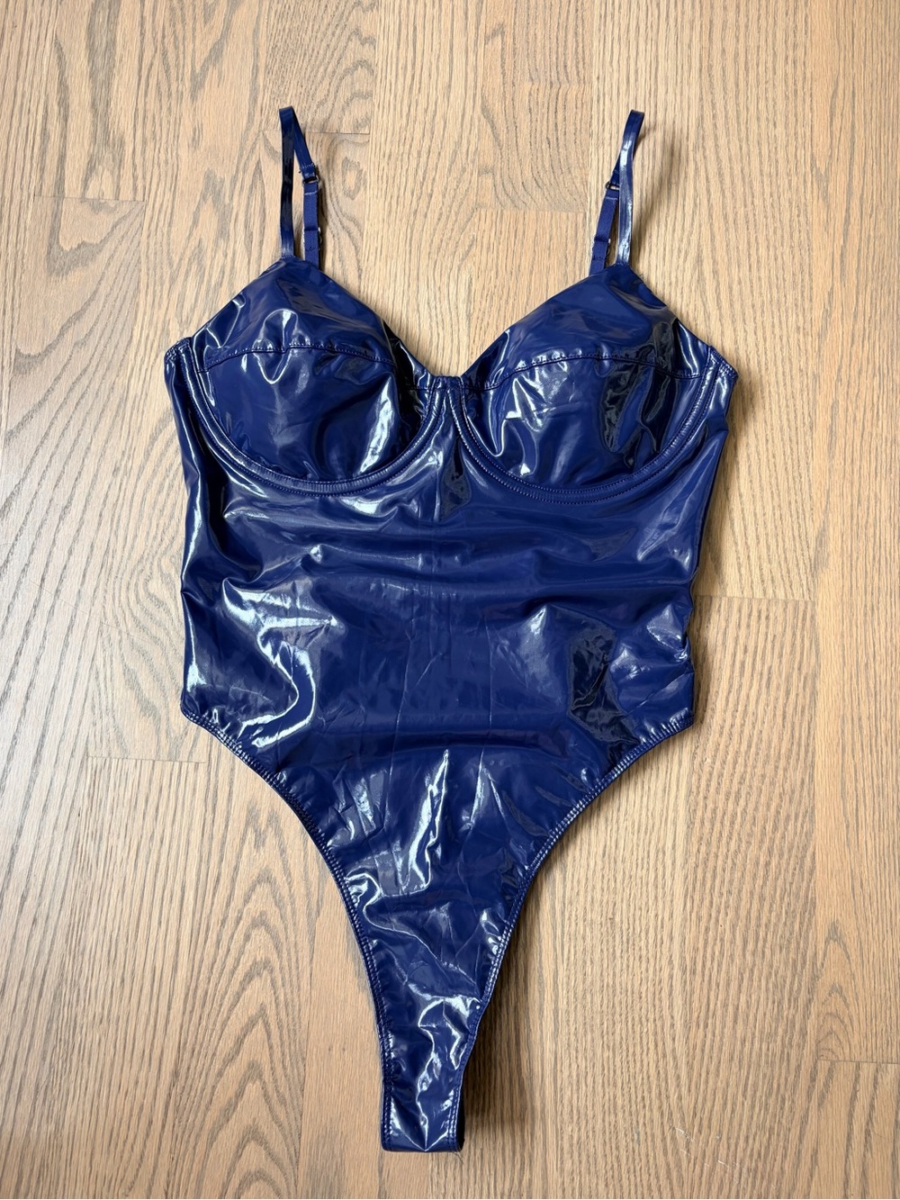 Adidas Ivy Park Blue Latex Faux Leather Leotard Bodysuit High Shine Glossy